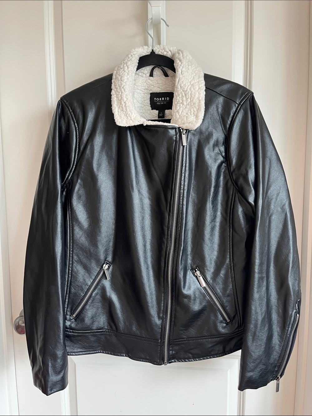 Torrid Black Faux Leather Jacket with White Sherpa Collar